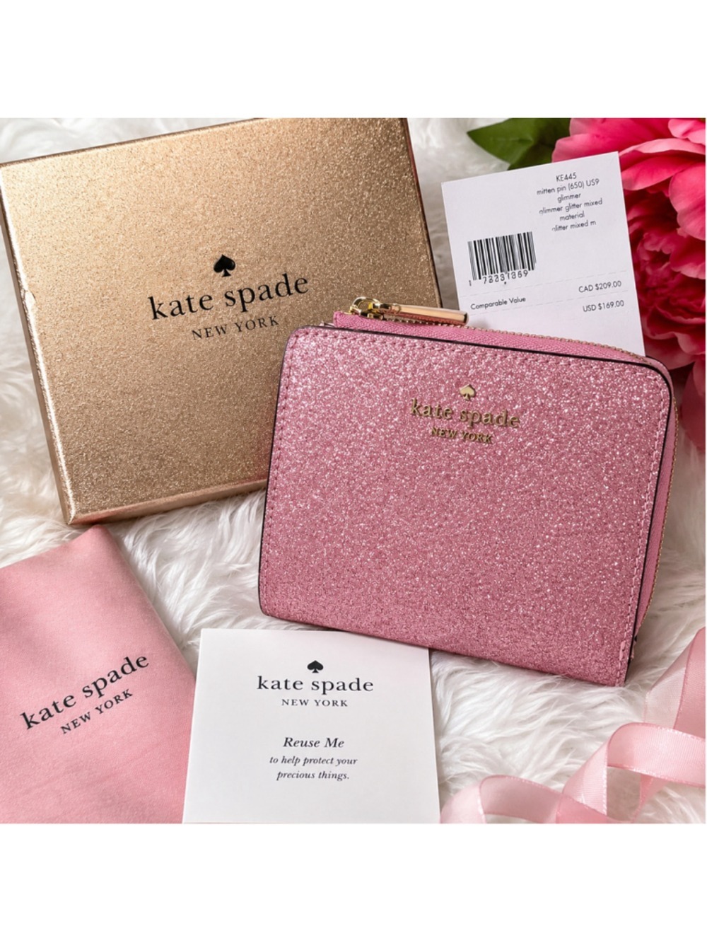 NWT Kate Spade Glimmer Glitter Mixed Material Mitten Pink Bifold Wallet Box